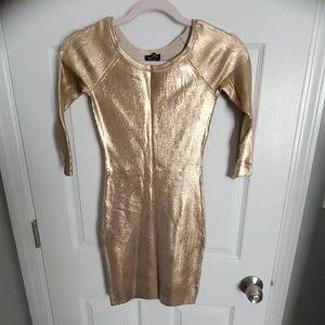 BEBE Holiday Gold Bandage Dress